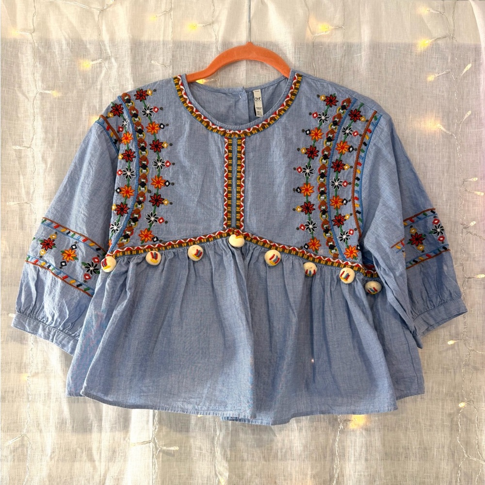 Zara Blue Embroidered Top with Multicolor Accents